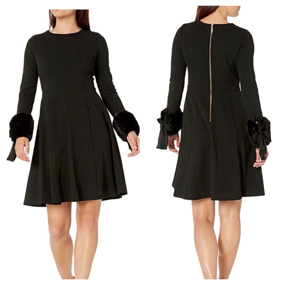 Calvin Klein Black Fit & Flare Faux Fur Cuff Midi Dress Size 20 20W